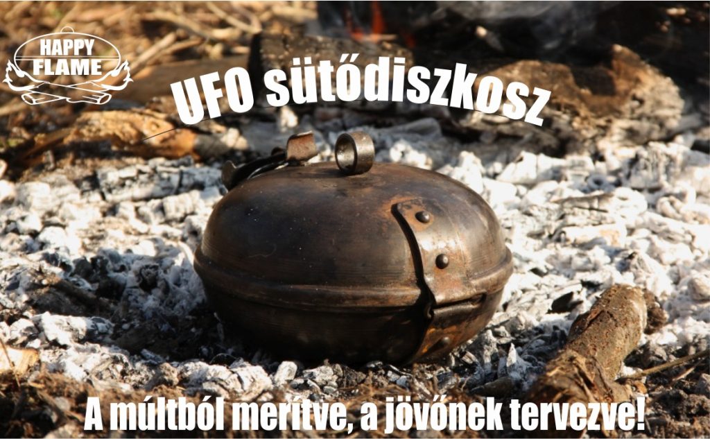 A HAPPY FLAME UFO sütődiszkosz egy praktikus szabadtéri főző-sütő szerkezet két acél félgömb alakú tálból áll, amelyeket egy csuklópánt és egy egyszerű zárszerkezet köt össze.